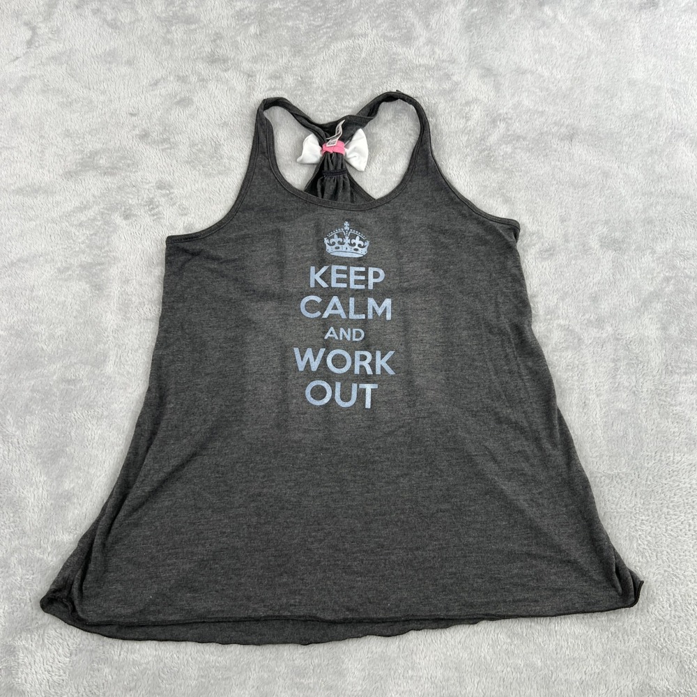 Bella Keep Calm and Work Out Tank Top XL Gray Women Racerback Bow Back Graphic